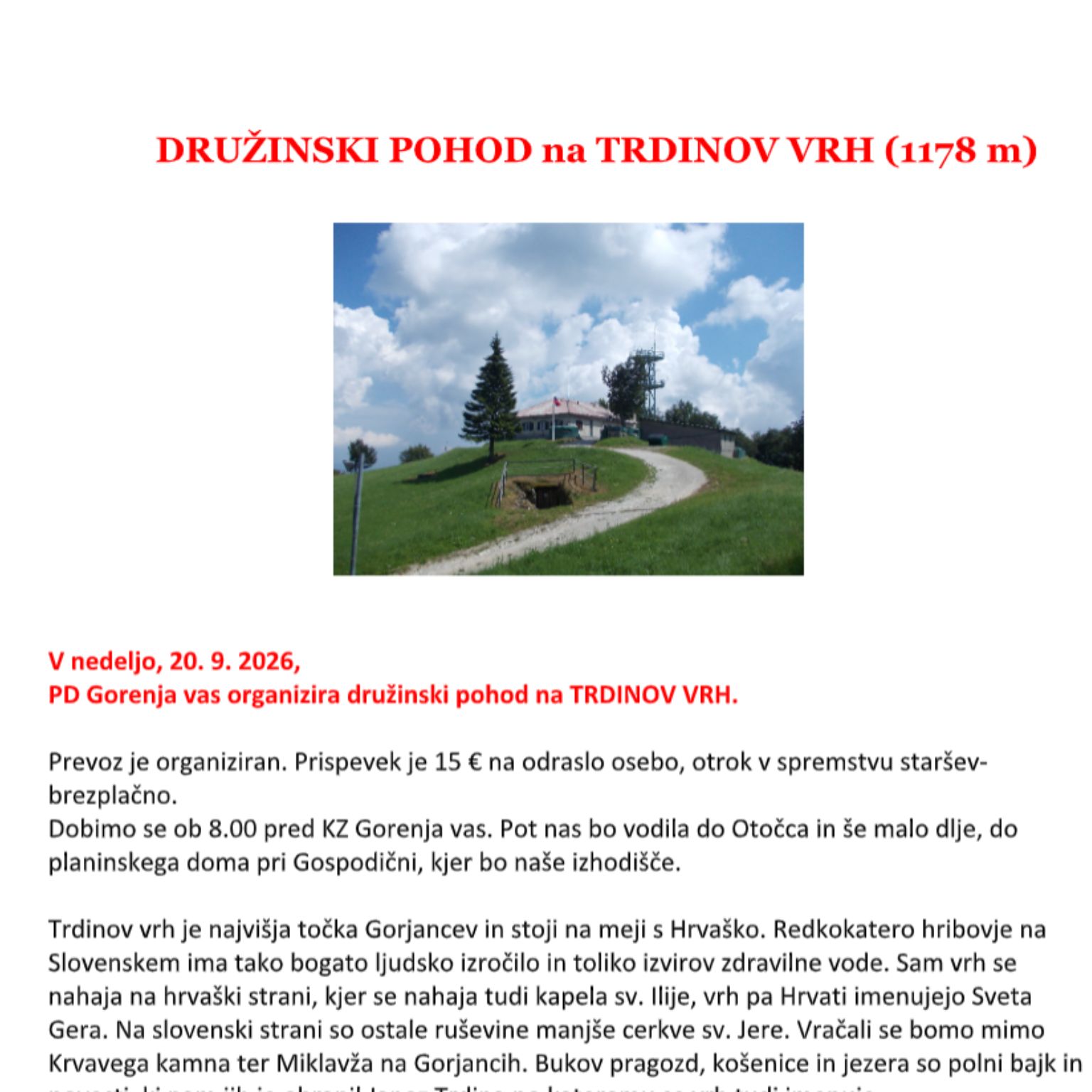 Vabilo na pohod na Trdinov vrh